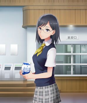 1girl black_hair blue_vest breasts ceiling_light closed_mouth cowboy_shot drink_carton from_side game_cg glasses grey_skirt holding holding_milk_carton konori_mii light_smile looking_to_the_side medium_breasts medium_hair milk_carton neckerchief official_art plaid_clothes plaid_skirt purple_eyes school_uniform shirt short_sleeves skirt solo summer_uniform third-party_source toaru_kagaku_no_railgun toaru_majutsu_no_index toji_no_miko toji_no_miko:_kizamishi_issen_no_tomoshibi translated vest white_shirt window yellow_neckerchief