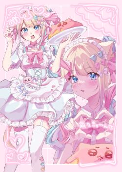 1girl :3 :d above-cleavage_cutout alternate_costume animal_ear_hairband animal_ears apron blonde_hair blue_dress blue_eyes blue_hair bow cake cat_ear_hairband cat_ears cat_pin chest_bow chouzetsusaikawa_tenshi-chan clothing_cutout collar corset doodle_inset dress fake_animal_ears food frilled_dress frills hair_bow hairband highres hn_ost holding holding_plate icing looking_at_viewer maid_headdress multiple_hair_bows multiple_views needy_girl_overdose open_mouth pien_cat_(needy_girl_overdose) pink_hair pink_theme plate smile thighhighs twintails walking_towards_viewer white_apron white_thighhighs zettai_ryouiki