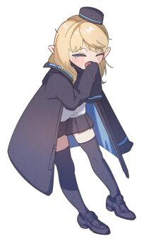 1girl 22_no_110 arknights black_coat black_hat black_shoes black_skirt black_thighhighs blonde_hair blush closed_eyes coat commentary_request durin_(arknights) garrison_cap hat highres jacket long_hair long_sleeves open_mouth pointy_ears shirt shoes simple_background skirt sleeves_past_fingers sleeves_past_wrists solo thighhighs white_background white_shirt yawning zettai_ryouiki