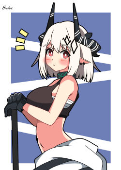 1girl absurdres alternate_hair_length alternate_hairstyle arknights artist_name black_gloves black_horns black_sports_bra blue_background blunt_ends blush breasts chest_sarashi closed_mouth commentary_request demon_girl demon_horns from_side gloves hendra highres horns infection_monitor_(arknights) large_breasts looking_at_viewer mudrock_(arknights) navel notice_lines pointy_ears red_eyes sarashi short_hair solo sports_bra white_hair