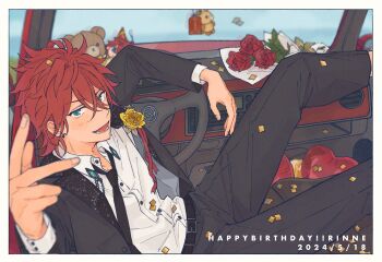 1boy amagi_rinne arm_up balloon black_jacket black_necktie blue_eyes border bouquet brooch car car_interior character_doll commentary_request confetti dated dochizame-chan_(araburumochi) doll earrings ensemble_stars! fingernails flower flower_brooch hair_between_eyes hand_up happy_birthday heart_balloon highres jacket jewelry lapels legs_up looking_at_viewer male_focus motor_vehicle necktie official_alternate_costume open_mouth red_flower red_hair red_rose rose shirt short_hair sitting solo sparkle stuffed_animal stuffed_toy teddy_bear v white_border white_shirt