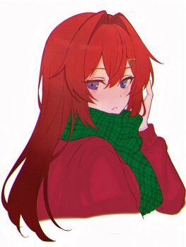 Rule 34 | 1girl, alternate costume, ange katrina, blush, closed mouth, cropped torso, double-parted bangs, from side, green scarf, hair between eyes, hair intakes, hair ornament, hairclip, hand up, hashtag-only commentary, highres, long hair, looking at viewer, looking to the side, nijisanji, plaid clothes, plaid scarf, purple eyes, red hair, red sweater, salmon250305, scarf, simple background, solo, sweater, turning head, virtual youtuber, white background, winter clothes