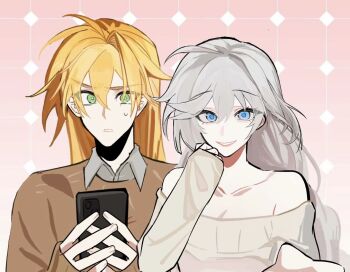 Rule 34 | ahoge, alternate costume, antenna hair, aqua eyes, blonde hair, braid, breasts, cellphone, cleavage, collarbone, confused, contemporary, gradient background, green eyes, grey hair, hair between eyes, hair intakes, holding, holding phone, honkai (series), honkai impact 3rd, huabu308, huge ahoge, kallen kaslana, large breasts, long braid, long hair, long sleeves, looking at viewer, off shoulder, otto apocalypse, parted lips, phone, pink background, single braid, smartphone, smile, standing, sweatdrop, sweater, wavy hair, wide-eyed