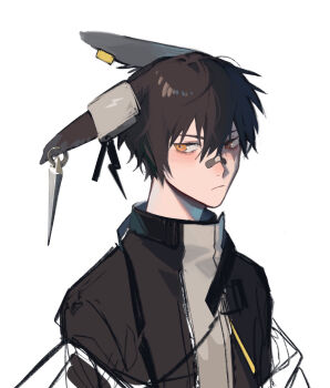 1boy absurdres animal_ears arknights ayerscarpe_(arknights) bandaid bandaid_on_face bandaid_on_nose bishounen black_hair black_jacket closed_mouth commentary_request ear_piercing ear_tag earclip hair_between_eyes highres jacket looking_at_viewer male_focus open_clothes open_jacket orange_eyes piercing rabbit_boy rabbit_ears shikiri shirt short_hair simple_background solo upper_body white_background