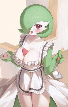1girl absurdres apron blush bob_cut breasts closed_mouth collarbone colored_skin cowboy_shot female_focus frilled_apron frills gardevoir gen_3_pokemon green_hair green_skin hair_over_one_eye hands_up happy highres holding holding_ladle holding_plate kajitsu_no_hito ladle large_breasts looking_at_viewer multicolored_skin nintendo one_eye_covered open_mouth plate pokemon pokemon_(creature) red_eyes saucer short_hair smile solo standing two-tone_skin white_apron white_skin