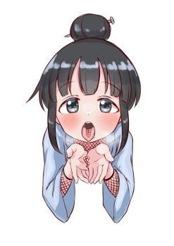 1girl absurdres black_eyes black_hair black_shirt blue_kimono blush cupping_hands dot_nose eating eyebrows female_focus fishnet_gloves fishnets from_above gloves hair_bun hands_up highres japanese_clothes kimono kunoichi_tsubaki_no_mune_no_uchi loli long_sleeves looking_at_viewer looking_up mokuren_(kunoichi_tsubaki_no_mune_no_uchi) open_mouth oral_invitation own_hands_together pov shirt short_hair simple_background solo teeth tongue tongue_out tsugumi_amon upper_body upper_teeth_only white_background wide_sleeves