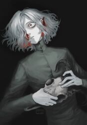 Rule 34 | 1boy, animal head, animal skull, bags under eyes, black background, black eyes, blood, blood on face, caprine skull, commentary, dungeon meshi, elf, english commentary, grey eyes, grey hair, guro, hair over one eye, high collar, highres, holding, holding skull, injury, long sleeves, looking afar, lying, male focus, mithrun, nocturneoryza, on back, pointy ears, red eyes, short hair, simple background, skull, solo, tunic, upper body, wavy hair, wide-eyed