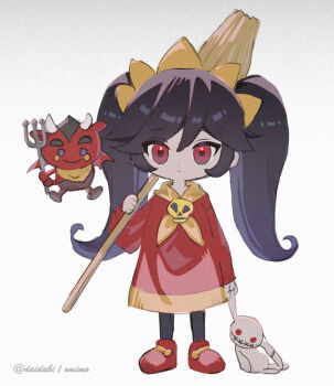 1girl ashley_(warioware) black_hair black_pantyhose brooch broom closed_mouth commentary_request d_omm dot_nose dress expressionless full_body hairband holding holding_broom holding_stuffed_toy jewelry long_hair long_sleeves neckerchief nintendo orange_hairband orange_neckerchief pantyhose red_(warioware) red_dress red_eyes red_shoes shoes sidelocks skull_brooch solo standing stuffed_animal stuffed_rabbit stuffed_toy twintails twitter_username warioware white_background