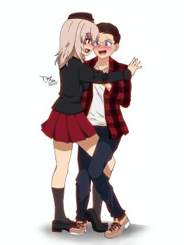 Rule 34 | 1boy, 1girl, absurdres, against wall, artist name, black jacket, black socks, blue eyes, blush, breasts, checkered clothes, checkered shirt, commentary, commentary request, dated, denim, emblem, full-face blush, garrison cap, girls und panzer, glasses, grey hair, hat, height, height difference, highres, itsumi erika, jacket, jeans, kabedon, kd esler, kneehighs, knees apart feet together, kuromorimine military uniform, leg between thighs, long sleeves, medium breasts, medium hair, military hat, military jacket, military uniform, miniskirt, naughty face, nervous smile, nervous sweating, non-web source, original, pants, pleated skirt, red skirt, round eyewear, school uniform, seductive smile, shirt, signature, simple background, skirt, smile, socks, sweat, sweatdrop, white background, white shirt