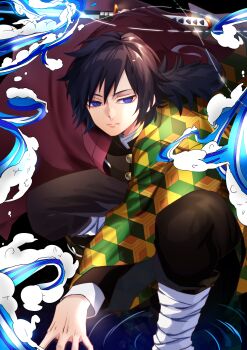 1boy absurdres black_hair black_jacket black_pants blue_eyes buttons closed_mouth commentary_request demon_slayer_uniform empty_eyes gold_buttons hair_between_eyes haori high_collar highres holding holding_sword holding_weapon jacket japanese_clothes katana kikkoumon kimetsu_no_yaiba long_hair looking_at_viewer low_ponytail male_focus pants ponytail print_haori red_haori solo spiked_hair sword tomioka_giyuu ume_onigiri water weapon