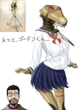 1boy 1girl absurdres beard biomechanical black_serafuku blood blue_skirt brown_hair cable cobblestun cyborg facial_hair feet_out_of_frame glasses gordon_freeman green_eyes half-life half-life_(series) half-life_2 hev_suit highres humanoid_robot long_sleeves neckerchief nosebleed personification photo-referenced pleated_skirt portrait red_neckerchief robot sailor_collar school_uniform serafuku shirt short_hair sketch skirt solo_focus strider_(half-life) white_shirt wire