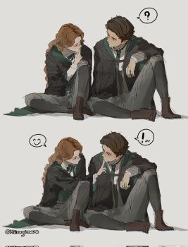 Rule 34 | !, 1boy, 1girl, ?, arm on knee, black robe, blue eyes, brown hair, collared shirt, full body, green ribbon, grey pants, gynger edventray (hiiragimare), highres, hiiragimare, hogwarts legacy, hogwarts school uniform, hooded robe, indirect kiss, long hair, looking at another, neck ribbon, original, pants, red hair, ribbon, robe, school uniform, sebastian sallow, shirt, short hair, simple background, sitting, slytherin, spoken exclamation mark, spoken expression, spoken question mark, white background, white shirt, wizarding world