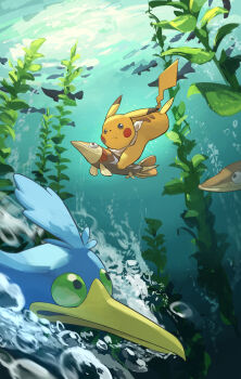 air_bubble arrokuda beak brown_eyes bubble cramorant fish gen_1_pokemon gen_8_pokemon green_eyes highres nintendo no_humans pikachu pokemon pokemon_(creature) seaweed tail underwater yamaori_(hakkentai_pokedan) yellow_fur