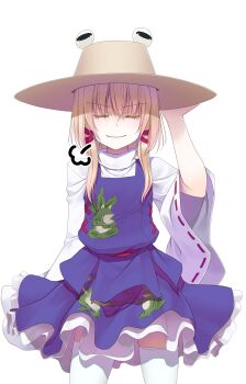 Rule 34 | 1girl, adjusting clothes, adjusting headwear, animal print, arm at side, arm up, blonde hair, brown hat, closed eyes, closed mouth, colored eyelashes, commentary request, cowboy shot, crote, facing viewer, frilled skirt, frills, frog print, hair between eyes, hair ribbon, hat, highres, large variant set, legs apart, long sleeves, medium hair, moriya suwako, petticoat, purple skirt, purple vest, ribbon, ribbon-trimmed sleeves, ribbon trim, shirt, sidelocks, skirt, smile, solo, standing, tachi-e, thighhighs, touhou, transparent background, turtleneck, turtleneck shirt, u u, v-shaped eyebrows, variant set, vest, white shirt, white thighhighs