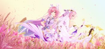 2girls bare_shoulders bell blue_sky bow_(weapon) breasts bridal_veil commentary company_connection cyrene_(honkai:_star_rail) cyrene_(ripples_of_past_reverie)_(honkai:_star_rail) diamond-shaped_pupils diamond_(shape) dress earrings elysia_(herrscher_of_human:_ego)_(honkai_impact) elysia_(honkai_impact) english_commentary field flower flower_field gloves gradient_hair green_hair hair_ornament halo highres holding holding_bow_(weapon) holding_weapon honkai:_star_rail honkai_(series) honkai_impact_3rd inoue_marina jewelry large_breasts leveilla long_hair looking_at_viewer multicolored_hair multiple_girls outdoors pink_flower pink_hair pink_tulip purple_eyes sky smile symbol-shaped_pupils tulip veil very_long_hair voice_actor_connection weapon wheat wheat_field white_dress white_gloves white_hair yanning