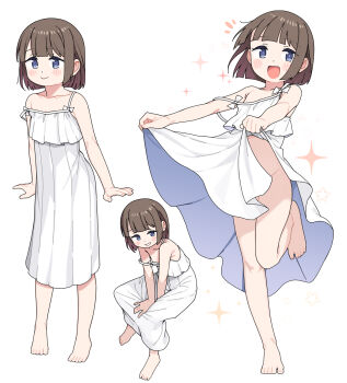 1girl :> bare_arms bare_shoulders barefoot blue_eyes blush_stickers brown_hair clothes_lift collarbone dress dress_lift feet full_body highres lifting_own_clothes loli looking_at_viewer multiple_views no_panties original saiste short_hair simple_background smile spaghetti_strap sparkle standing standing_on_one_leg strap_slip toes white_background white_dress