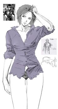 1girl aizheajsee black_outline black_panties chinese_commentary ghost_in_the_shell greyscale hand_in_own_hair highres inset kusanagi_motoko medium_hair monochrome outline panties shirt short_sleeves sketch solo three-quarter_sleeves underwear white_background