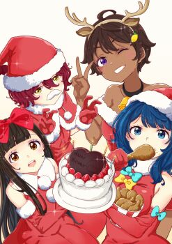 4girls :d ;) antlers bare_shoulders birthday_cake black_choker black_hair blue_eyes blue_hair bow brown_eyes bucket_of_chicken cake capelet chicken_(food) choker christmas commentary_request dark-skinned_female dark_skin double_v dress eating elbow_gloves fake_antlers fake_facial_hair fake_mustache food food-themed_hair_ornament fried_chicken fur-trimmed_capelet fur-trimmed_dress fur-trimmed_headwear fur_trim gloves grey_background hair_bow hair_ornament hat highres horns komari_chika lemon_hair_ornament long_hair looking_at_viewer make_heroine_ga_oo_sugiru! mono9ron multiple_girls nukumizu_kaju one_eye_closed open_mouth purple_eyes red_bow red_capelet red_dress red_gloves red_hair red_hat reindeer_antlers santa_costume santa_dress santa_hat short_hair simple_background sleeveless sleeveless_dress smile v yakishio_lemon yanami_anna yellow_eyes