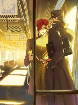 Rule 34 | 2boys, asymmetrical bangs, bag, belt, black hair, book, clock, coat, commentary request, earrings, gakuran, hand in pocket, hat, highres, holding, holding book, jewelry, jojo no kimyou na bouken, kakyoin noriaki, korean commentary, kuujou joutarou, light particles, long sleeves, looking down, mago579, male focus, multiple boys, popped collar, purple eyes, red hair, school uniform, short hair, smile, stardust crusaders, sunlight, train interior