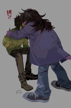 !? 1girl 1other black_hair black_shoes blue_pants brown_pants colored_skin commentary deltarune green_sweater highres jacket kiss kris_(deltarune) long_hair nekoneko_(nekonoko_kinoko) other_with_female pants purple_jacket purple_skin red_eyes reptile_girl shoes short_hair single_horizontal_stripe sitting striped_clothes striped_sweater surprise_kiss surprised susie_(deltarune) sweater tail torn_clothes torn_pants utdr_(toby_fox) yellow_skin
