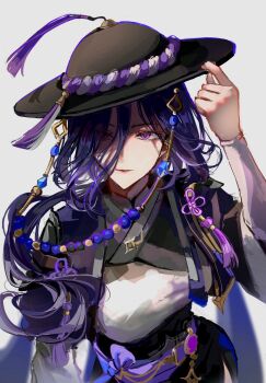 1girl alternate_costume blue_hair breasts clorinde_(genshin_impact) closed_mouth commentary_request gat_(hat) gatkkeun genshin_impact hair_over_one_eye hanbok hat highres innagaja korean_clothes korean_commentary large_breasts long_hair multicolored_hair purple_eyes simple_background solo streaked_hair tassel vision_(genshin_impact) white_background