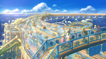 Rule 34 | 2boys, 3girls, blue sky, boat, bridge, cloud, commentary request, day, highres, highway, horizon, multiple boys, multiple girls, ocean, original, outdoors, pedestrian bridge, railing, scenery, sky, slice of life, stairs, standing, user tswx7328, walking, watercraft