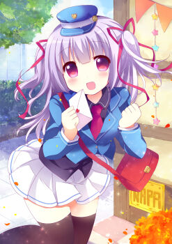 1girl :d bag black_shirt black_thighhighs blue_hat blue_jacket blush bush collared_shirt commentary_request cowboy_shot day envelope hair_ribbon hat highres holding holding_envelope jacket light_particles long_hair long_sleeves looking_at_viewer mailman mikurun miniskirt necktie open_mouth original outdoors path peaked_cap pleated_skirt purple_hair red_bag red_eyes red_necktie red_ribbon ribbon road shirt shoulder_bag skirt smile solo standing thighhighs tile_floor tiles top_of_moe_2016 tree two_side_up white_skirt zettai_ryouiki