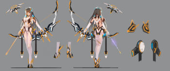 Rule 34 | 1girl, absurdres, archery, arrow (projectile), ass, bad id, bad pixiv id, bodysuit, breasts, dress, glasses, grey background, high heels, highres, long hair, mecha musume, multiple views, original, science fiction, simple background, skirt, weapon, white legwear, zhuore zhi hen