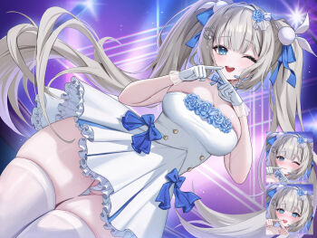 1girl blue_bow blue_eyes blue_flower blue_ribbon blue_rose bow breasts cleavage dress fateful_moon flower gloves grey_hair hair_ribbon highres idol indie_virtual_youtuber large_breasts lichiko long_hair looking_at_viewer multiple_expressions one_eye_closed open_mouth panties ribbon rose skindentation solo spotlight teeth thick_thighs thighhighs thighs twintails underwear upper_teeth_only very_long_hair virtual_youtuber white_dress white_gloves white_panties white_thighhighs