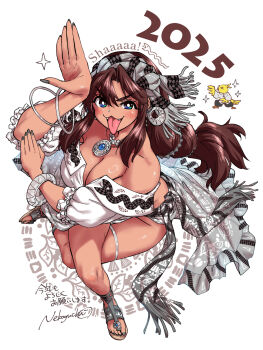 >_< 1girl 2025 artist_name bird blue_eyes blush bracelet braid breasts brown_hair chinese_zodiac cleavage collarbone crossed_legs earrings fangs fingernails grey_headband grey_skirt gypsy headband highres hoop_earrings jewelry large_breasts long_fingernails looking_at_viewer mocha_(nekoguchi) necklace nekoguchi open_mouth original puffy_short_sleeves puffy_sleeves sandals shirt short_sleeves signature skirt smile snake solo thick_thighs thighs tongue tongue_out white_background white_shirt year_of_the_snake