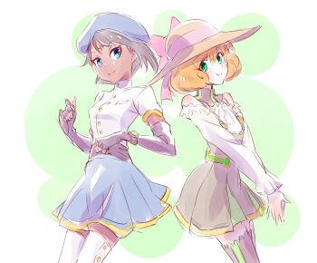 2girls beret blue_eyes bow ciel_soleil dark_skin dark-skinned_female green_eyes hat hat_bow highres iesupa multiple_girls orange_hair penny_polendina rwby skirt sun_hat thighhighs watch wristwatch