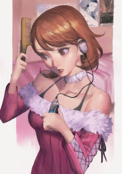 1girl bare_shoulders bedroom breasts brown_eyes brown_hair brushing_hair choker collarbone commentary commission cross-laced_clothes cross-laced_sleeves cross-laced_sweater mp3_player digital_walkman earphones english_commentary flipped_hair fur-trimmed_sweater fur_trim halterneck heart heart_choker highres holding holding_brush holding_mp3_player indoors lips long_sleeves off-shoulder_sweater off_shoulder official_alternate_costume parted_lips persona persona_3 phamoz pink_sweater poster_(object) ribbed_sweater short_hair solo strap sweater takeba_yukari upper_body walkman_nw-s203f white_choker