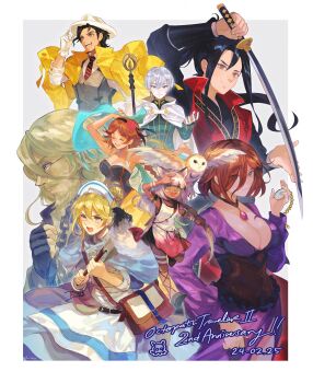 4boys 4girls absurdres agnea_bristarni animal_ears anniversary arms_up aubz axe bag beard bird black_hair blonde_hair border breasts brown_hair castti_florenz closed_eyes closed_mouth commentary copyright_name dated english_commentary facial_hair glasses gloves grey_hair hat highres hikari_ku holding holding_axe holding_sword holding_weapon large_breasts long_hair looking_at_viewer multiple_boys multiple_girls ochette_(octopath_traveler) octopath_traveler octopath_traveler_ii old old_man open_mouth osvald_v._vanstein outside_border owl partitio_yellowil short_hair shoulder_bag smile staff sword tail temenos_mistral weapon white_border white_gloves white_hat