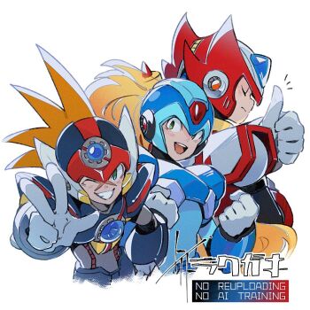 Rule 34 | 3boys, armor, axl (mega man), black armor, black helmet, blonde hair, blue armor, blue helmet, brown hair, chest jewel, forehead jewel, group picture, helmet, long hair, male focus, mega man (series), mega man x (series), multiple boys, ponytail, red armor, red helmet, simple background, thumbs up, to i to io, upper body, w, watermark, x (mega man), zero (mega man)