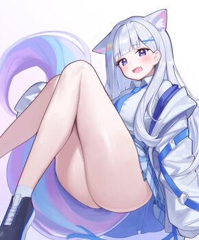 1girl absurdres animal_ears ayatsuno_yuni blue_necktie blush deaver gradient_background grey_background hair_ornament highres jacket legs long_hair looking_at_viewer necktie open_mouth pink_background purple_eyes shirt solo stellive tail thighs virtual_youtuber white_hair white_jacket white_shirt x_hair_ornament