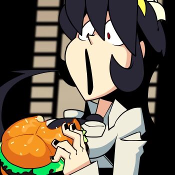 1boy 1girl 2018 :> andobiki animated bad_id bad_twitter_id black_hair black_nails burger commentary commentary_request eating english_commentary filia_(skullgirls) film_reel food food_on_face holding holding_food living_hair long_sleeves looping_animation nail_polish necktie open_mouth red_eyes samson_(skullgirls) shirt skullgirls smile solo video white_shirt yellow_eyes