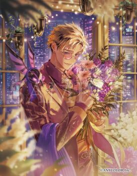 1boy belt bikkusama black_hair blonde_hair blurry bouquet character_name collared_shirt commentary_request company_name copyright_notice depth_of_field flower grey-framed_eyewear hanging_plant happy_birthday holding holding_bouquet jacket kurococco_(vantacrow_bringer) male_focus multicolored_hair nijisanji nijisanji_en official_alternate_costume official_alternate_hairstyle official_art open_clothes open_jacket purple-tinted_eyewear purple_flower round_eyewear sample_watermark shirt solo streaked_hair string_lights sweater tinted_eyewear vantacrow_bringer vantacrow_bringer_(dark_academia) virtual_youtuber watermark