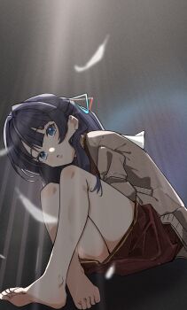 Rule 34 | 1girl, bare legs, barefoot, blue eyes, blue hair, blue ribbon, brown cardigan, brown dress, cardigan, commentary, dress, falling feathers, feathers, feet, full body, hair ribbon, hajimari no haneoto, half updo, hasu no sora school uniform, highres, link! like! love live!, llb, long hair, long sleeves, love live!, murano sayaka, open cardigan, open clothes, parted lips, red ribbon, ribbon, sailor collar, sailor dress, school uniform, sitting, soles, solo, virtual youtuber, white feathers, white sailor collar, winter uniform