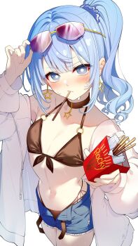 1girl adjusting_eyewear alternate_costume bikini black_bikini black_choker blue_eyes blue_hair blue_nails blue_shorts blush bright_pupils center-flap_bangs choker darjeeling_(reley) denim denim_shorts double-parted_bangs earrings eyewear_on_head flat_chest food food_in_mouth front-tie_bikini_top front-tie_top halterneck hand_up highleg highleg_bikini highres holding holding_milk_carton hololive hood hooded_jacket hoshimachi_suisei jacket jewelry looking_at_viewer medium_hair milk_carton multi-strapped_bikini_bottom nail_polish navel o-ring o-ring_bikini open_fly pocky pocky_in_mouth short_shorts shorts side_ponytail solo star_(symbol) star_earrings star_in_eye stomach sunglasses swimsuit symbol_in_eye virtual_youtuber white_jacket white_pupils