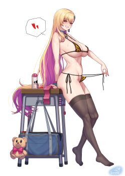 1girl artist_name bag black_thighhighs blonde_hair blue_choker blush boryeon_(last_origin) bra breasts censored choker collarbone colored_inner_hair commentary_request condom condom_wrapper covered_erect_nipples earrings flower flower_necklace gonster gyaru hair_ornament highres holding holding_panties holding_underwear holding_unworn_clothes huge_breasts jewelry large_breasts last_origin leg_up long_hair looking_at_viewer mosaic_censoring multicolored_hair necklace official_alternate_costume open_mouth panther_print panties pink_eyes pink_hair print_bra print_panties purple_scrunchie school_bag scrunchie shiny_skin shoulder_bag side-tie_panties signature simple_background single_earring sitting sitting_on_table smile solo stuffed_animal stuffed_toy table teddy_bear thighhighs tongue tongue_out triangle_hair_ornament underwear very_long_hair white_background