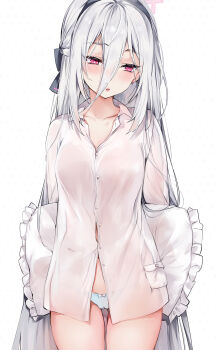 1girl black_bow black_hairband blue_archive blue_panties bow cameltoe chiyingzai collarbone double-parted_bangs from_behind hair_between_eyes hair_bow hairband halo highres holding holding_pillow kei_(blue_archive) kei_(student)_(blue_archive) long_hair long_hair_between_eyes long_sleeves looking_back panties panty_pull pillow pink_eyes pink_halo rectangular_halo ringed_eyes shirt simple_background solo underwear white_background white_hair white_shirt