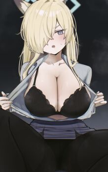 1girl absurdres animal_ears black_background black_bra black_pantyhose blonde_hair blue_archive blue_eyes blue_halo blush bra breasts collarbone collared_shirt commentary_request dog_ears dog_girl hair_over_one_eye halo highres kanna_(blue_archive) kumatoku large_breasts long_hair long_sleeves open_clothes open_mouth open_shirt opened_by_self pantyhose pencil_skirt sharp_teeth shirt simple_background sitting skirt solo steam sweat teeth underwear