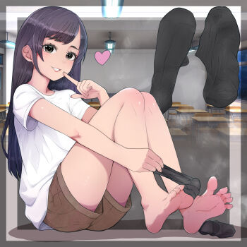 1girl barefoot black_eyes black_hair black_socks feet finger_to_mouth grin highres light_blush long_hair looking_at_viewer lumina414 shirt shorts smile socks soles steam t-shirt toes unworn_socks