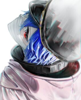 Rule 34 | 1girl, black hat, blue eyes, blue hair, commentary request, dybala41, gakuran, gunko, hat, highres, jacket, mask, mouth mask, one piece, pink jacket, police hat, red eyes, school uniform, white background