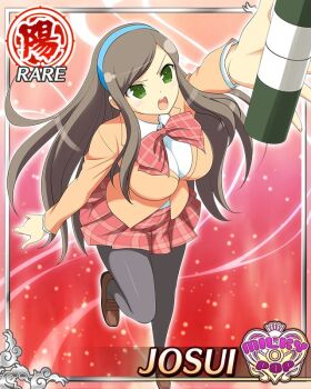 1girl :o black_pantyhose blue_hairband border bow bowtie breasts brown_hair card_(medium) character_name english_text game_cg green_eyes hairband jacket josui_(senran_kagura) large_breasts long_hair long_sleeves looking_up official_alternate_costume official_art orange_jacket pantyhose plaid_bow plaid_bowtie plaid_clothes plaid_skirt reaching red_bow red_bowtie red_skirt school_uniform scroll senran_kagura senran_kagura_new_wave shirt skirt solo standing standing_on_one_leg swept_bangs white_shirt