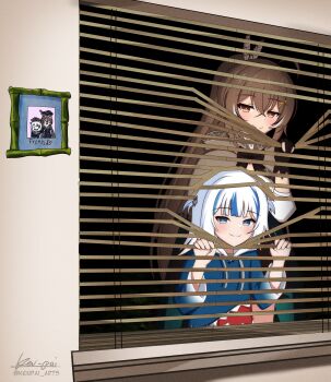 2girls :3 artist_name black_gloves blue_eyes blue_hair blush bow bowtie bright_pupils brown_bow brown_bowtie brown_capelet brown_eyes brown_hair capelet drawstring gawr_gura gawr_gura_(1st_costume) gloves hands_up hat highres hololive hololive_english hood hood_down ken-pai_(kenpai_arts) long_hair long_sleeves looking_at_viewer mortarboard multicolored_hair multiple_girls nanashi_mumei nanashi_mumei_(1st_costume) partially_fingerless_gloves picture_frame smile streaked_hair twitter_username upper_body virtual_youtuber white_hair white_pupils window window_blinds