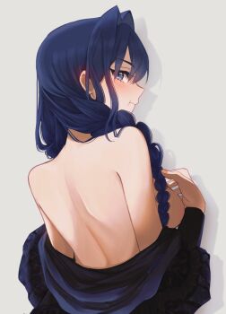 1girl alternate_breast_size_(smaller) back black_dress blue_eyes blue_hair blush braid breasts clothes_pull commentary dress dress_pull embroidered_dress eneeues english_commentary fanged_bangs from_behind hair_intakes hair_over_shoulder highres hololive hololive_english long_hair looking_at_viewer looking_back low_twin_braids median_furrow medium_breasts no_bra official_alternate_costume official_alternate_hairstyle ouro_kronii ouro_kronii_(maid) pout shoulder_blades sideboob simple_background solo twin_braids upper_body virtual_youtuber
