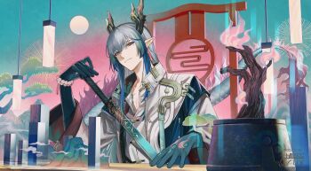 Rule 34 | 1boy, arknights, blue hands, bonsai, bracelet, chinikuniku, closed mouth, colored extremities, commentary request, dragon boy, dragon horns, dragon tail, earrings, eastern dragon horns, eastern dragon tail, gradient background, hair between eyes, highres, holding, horns, jewelry, lamp, long hair, looking at viewer, male focus, multicolored hair, ofuda earrings, plant, pointy ears, potted plant, smile, solo, streaked hair, tail, tree, upper body, yi (arknights)