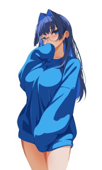 Rule 34 | 1girl, blue eyes, blue hair, blue sweater, blush, commentary, covering own mouth, cowboy shot, earrings, glasses, hand up, highres, hololive, hololive english, jewelry, long hair, long sleeves, looking at viewer, ouro kronii, round eyewear, sansha art, simple background, solo, sweater, symbol-only commentary, virtual youtuber, white background