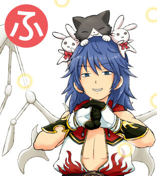 1boy animal animal_on_head black_cat black_gloves blue_eyes blue_hair blush cat cat_on_head champion_(ragnarok_online) coat commentary_request cracking_knuckles energy_ball flame_print gloves gold_trim grin hair_ornament long_hair looking_at_viewer male_focus nama_mana on_head open_clothes open_coat rabbit_hair_ornament ragnarok_online skeletal_wings sleeveless sleeveless_coat smile solo upper_body white_coat white_gloves wings